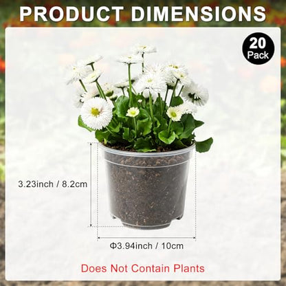 M METERXITY 20 Pack Clear Nursery Pots with Drainage Holes, Sturdy Plastic Seedling Starter Pots for Plants, Vegetable, Succulent, Propagation, Root Cutting, Seed Starting [4'' x 3''] - size: 3.94''