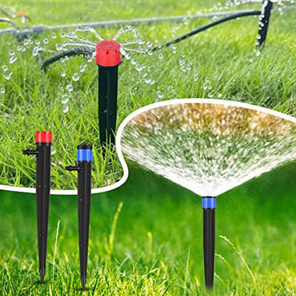 Mudder 100 Pcs 5.2 Inches Drip Irrigation Emitters for 1/4 Inch Drip Irrigation Tubing 360 Degree Adjustable with Arrow Stake Fan Sprayer for Garden Watering System