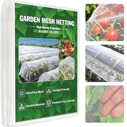 FEED GARDEN Garden Netting 8x33FT Ultra-Fine Mesh PE Cover for Vegetables Fruits Garden Row Cover Raised Bed Durable Protection from Birds Animals - color: White, size: 8 x 33 Feet