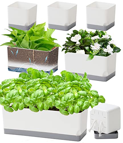 Self Watering Planters Pots for Indoor Plants, 7 Pack Plastic Planter Box Flower Pots for Indoor Outdoor Plants, Rectangle Herb Planter Window Boxes Planterswith Drainage, Light Gray Tray - color: Light Gray, size: 4+8+17 Inch (7 pcs)