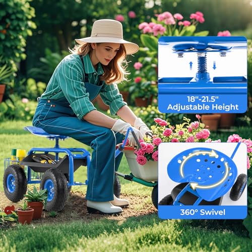 IRONMAX Garden Cart with Seat, Gardening Rolling Stool Scooter with 10’’ All-Terrain Wheels, Adjustable Steering Handle & Tool Tray and Basket for Outdoor Planting (Blue) - color: Blue