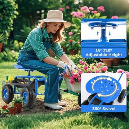 IRONMAX Garden Cart with Seat, Gardening Rolling Stool Scooter with 10’’ All-Terrain Wheels, Adjustable Steering Handle & Tool Tray and Basket for Outdoor Planting (Blue) - color: Blue