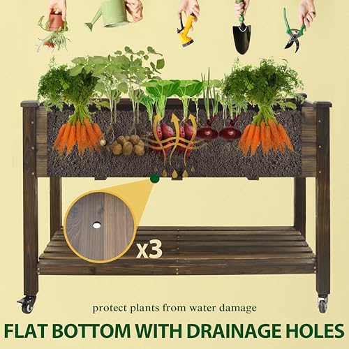 VEIKOU 48x24x33in Cedar Raised Garden Bed, Planter Raised Beds with Lockable Wheels, Storage Shelf, Raised Garden Beds Outdoor for Backyard, Patio, Balcony, Rustic