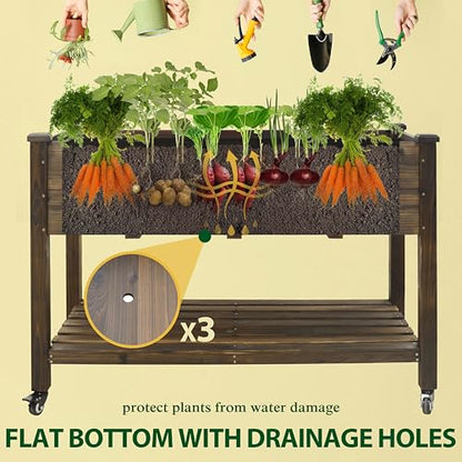 VEIKOU 48x24x33in Cedar Raised Garden Bed, Planter Raised Beds with Lockable Wheels, Storage Shelf, Raised Garden Beds Outdoor for Backyard, Patio, Balcony, Rustic