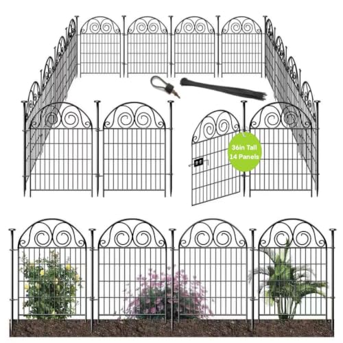 Getlay Tall Garden Animal Barrier Fence with Gate, 36 in(H)×30.6 Ft(L) 14 Panels Dog Digging Fence Barrier, Black Heavy Duty Metal Temporary Fences, Reusable Defense Fencing for Outdoor Yard│Patented - size: 36''(H)-14panels-30.6ft(L)