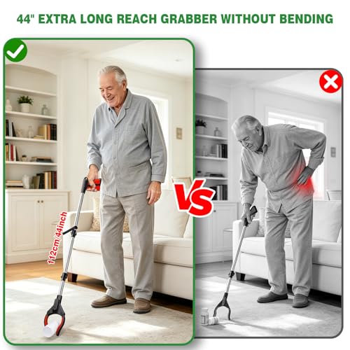 2-Pack Grabber Reacher Tool, 44" Extra Long Foldable Reacher Grabber Pickup Tool with Light, Heavy Duty Trash Picker Upper Grabber, 360° Rotating Jaw & Magnet, Lightweight Grabbers for Seniors
