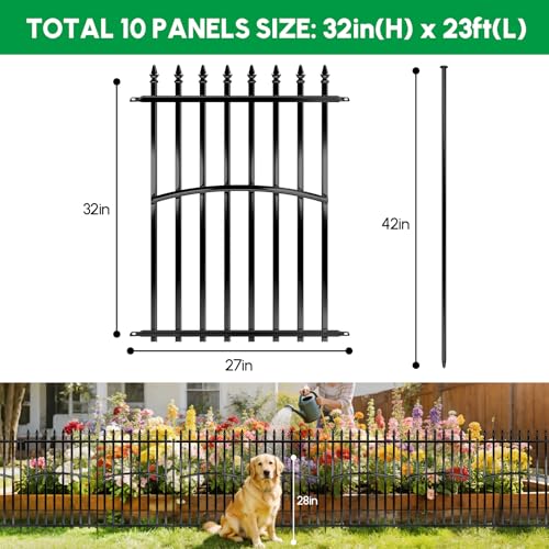 Metal Garden Fence 32in H x 27in W (10 Panels, Total Length 23ft), No Dig Animal Barrier Fence for Dogs, Heavy Duty Tube Decorative Garden Edging Border, Outdoor Rustproof Landscape Fencing for Yard - size: 10 Panels, 32in(H) x 23ft(L)