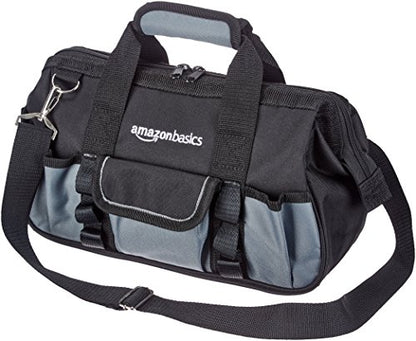 Amazon Basics Durable Wear-Resistant Tool Storage Bag with Adjustable Shoulder Strap, Portable Tool Organizer, 16 Pockets, 12 in, Black & Gray - size: Small Standard Bag