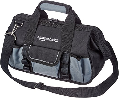 Amazon Basics Durable Wear-Resistant Tool Storage Bag with Adjustable Shoulder Strap, Portable Tool Organizer, 16 Pockets, 12 in, Black & Gray - size: Small Standard Bag