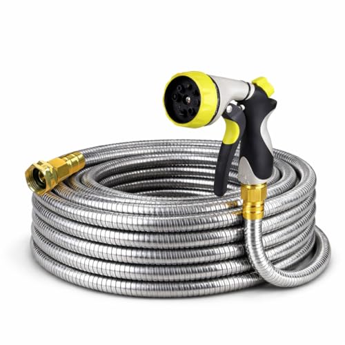 Metal Garden Hose 25 ft – 304 Stainless Steel Water Hose with Nozzle Sprayer, Garden Hoses Flexible, Lightweight, No Kink, Heavy Duty for Outdoor (25 ft) - size: 25 feet