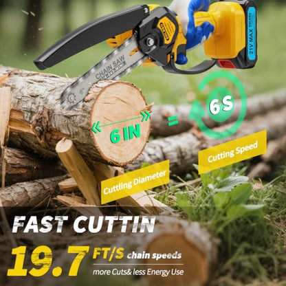 Mini Chainsaw - 6 Inch Battery Chainsaw with Power Display, 2 Batteries Included, Garden Tool for Tree Branch Trimming & Wood Cutting, Ideal Holiday Gifts for Men, Fathers & Gardening Enthusiasts - color: Yellow03