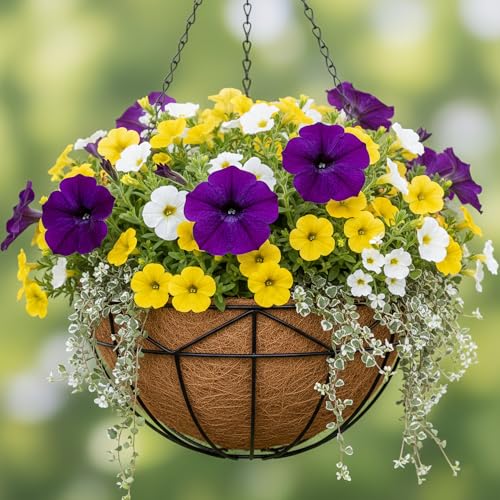 Unique Metal Iron Geometric Hanging Planter Set of 4 Stylish 12 Inch Extra Deep Coco Liner Breathable Heavy Duty Balcony Tree Hanging Basket Drop Weatherproof （Geometric Patterns） - color: Geometric