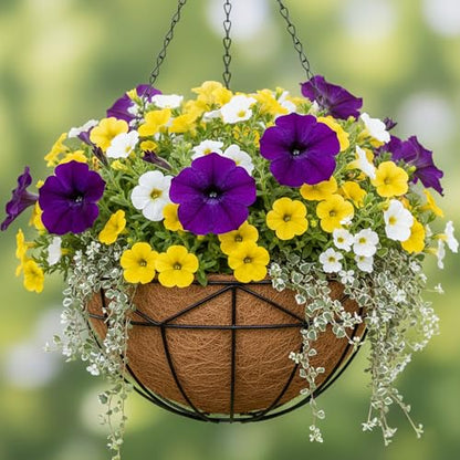 Unique Metal Iron Geometric Hanging Planter Set of 4 Stylish 12 Inch Extra Deep Coco Liner Breathable Heavy Duty Balcony Tree Hanging Basket Drop Weatherproof （Geometric Patterns） - color: Geometric