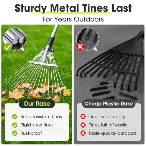 Rake for Leaves 18 Teeth, 8-17" Adjustable Width Metal Rake - size: 8"-17" Wide, 34"-66" Long