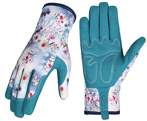 Bamllum Gardening Gloves for Women, Leather Garden Gloves - color: White+blue