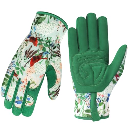 Gardening Gloves for Women, Breathable Leather Garden Gloves,Gardening Gift - color: Green - Brown Birds