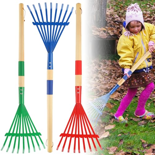 3Pcs Kids Rakes with Hardwood Handle - Metal Kids Leaves Rakes, 28" Child Size Lawn Rakes, Garden Tool Set for Kids Boys and Girls - color: Multicolor