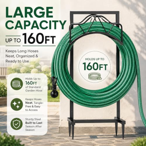 Freestanding Garden Hose Holder - Heavy Duty Metal Water Hose Holder for Outside, Detachable Hose Rack & Storage Hanger, 160FT Capacity for Lawn & Yard, Black