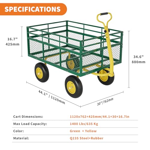 3-in-1 Heavy-Duty Steel Garden Cart, 1400 Lbs Garden Wagon, with 13 Inch All-Terrain Tires and Removable Mesh Side Panels, 180° Rotating Handle, Metal Multi-Function Carts, Outdoor Gardens Wagon Cart - color: Green + Yellow, size: 1400 Lb