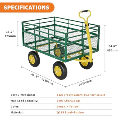 3-in-1 Heavy-Duty Steel Garden Cart, 1400 Lbs Garden Wagon, with 13 Inch All-Terrain Tires and Removable Mesh Side Panels, 180° Rotating Handle, Metal Multi-Function Carts, Outdoor Gardens Wagon Cart - color: Green + Yellow, size: 1400 Lb