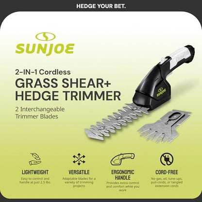 Sun Joe 2-in-1 Cordless 7.2V Handheld Grass Shear & Hedge Trimmer, HJ604C