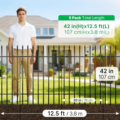 Thealyn 42" H x 12.5Ft Metal Garden Fence, Animal Barrier, 5 Panels - color: Black, size: 42″ H x 12.5 ft (5 Panels)