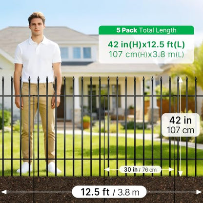 Thealyn 42" H x 12.5Ft Metal Garden Fence, Animal Barrier, 5 Panels - color: Black, size: 42″ H x 12.5 ft (5 Panels)