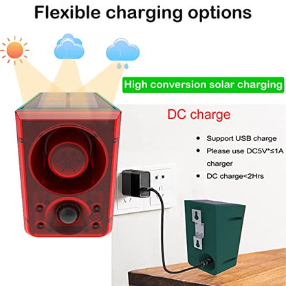 Solar Outdoor Motion Sensor Alarm - Dog Barking & Gunshot Sound 130db Motion Detector Alarm Light,with Remote Controller for Home, Villa,Yard,Chicken coop,Farm,Barn