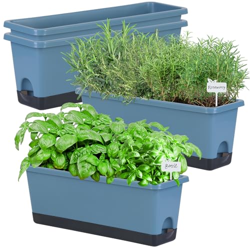 Window Box Planter 4 Packs, 17 Inches Rectangle Flower Pots with Drainage Holes & Trays, Pots for Vegetables, Herbs, Flowers, Garden Windowsill Balcony (Blue, 17 * 5.1 * 6 inch) - color: Blue