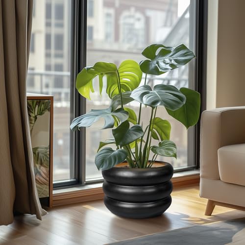 SQOWL 10 Inch Pot for Plants - Ceramic Planter for Indoor Plants Large Plant Pot with Drainage Hole Outdoor Flower Pot Decorative Round Planter for Porch House Decor Black - color: Black, size: 10 Inch