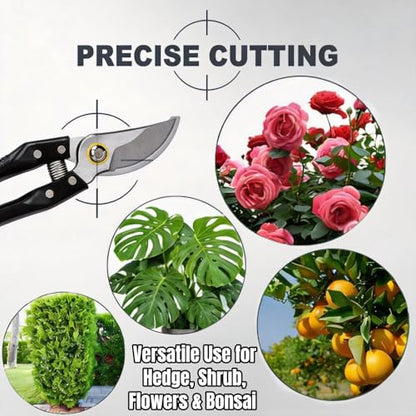 Garden Pruning Shears, Heavy Duty Stainless Steel Gardening Scissors for Plants, Sharp Handhled Trimmers, Bypass Blade Pruner for Branch, Hedge, Shrub, Flowers or Bonsai, Gardening Tool (Black)