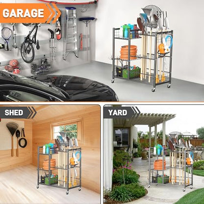TORACK Garden Tool Stand with Wheels, Rakes Shovels Holder Yard Tools Organizer for Garage, Garden, Shed Indoor/Outdoor Long-Handled Tools Cart(Tool stand with side shelves) - style: Tool stand with side shelves