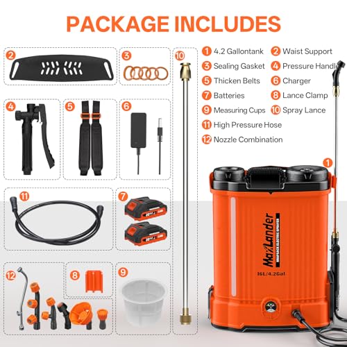 Maxlander 4.2 Gal Battery Powered Backpack Sprayer with 2 x 2.0Ah Battery