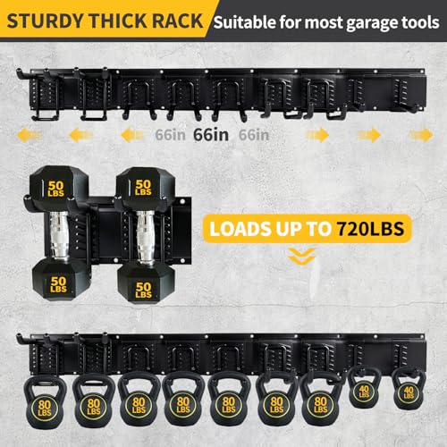 66'' Heavy-Duty Garage Tool Organizer Wall Mount – 720lbs Capacity Metal Rack with Adjustable Hooks for Rake, Broom, Shovel, Snowboard & Garden Tools
