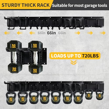 66'' Heavy-Duty Garage Tool Organizer Wall Mount – 720lbs Capacity Metal Rack with Adjustable Hooks for Rake, Broom, Shovel, Snowboard & Garden Tools