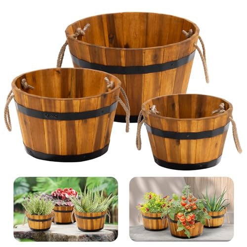 Set of 3 Wooden Flower Boxes Outdoor, Durable Acacia Wood Barrel Planters for Outdoor Plants with Ergonomic Handles, Drainage Holes, Multiple Sizes Wood Bucket Planter for Home Décor - color: Natural_round Wood Planter Pots_rope Handle