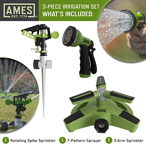 AMES (3) Piece Sprinkler & Sprayer Set with (1) Pulsating Spike Style, (1) 3 Arm Rotating Sprinkler and (1) 7-Pattern Spray Nozzle for Lawn, Garden or Yard, Watering, Adjustable, Easy Hose Connections - style: Spike Sprinkler