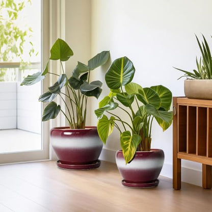 Ceramic Plant Pots, 10+8+6 Inch Ceramic Pots for Plants, Red-White - color: Red-white