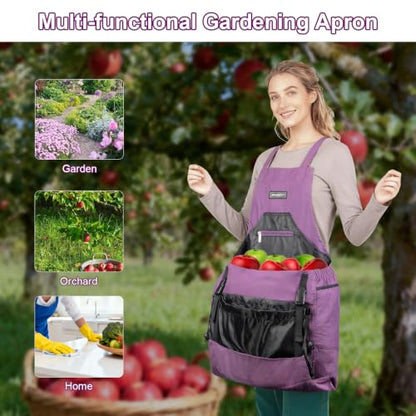 Garden Apron,Harvest Aprons with Drawstring Bag and Pockets for Women and Men,Canvas Fruit Picking Apron - color: Purple