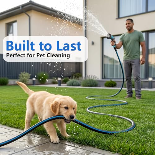 Heavy Duty Garden Hose 100FT, Flexible Water Hose with 10 Function Sprayer - color: Dark Blue, size: 100FT