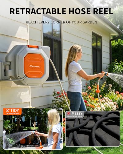 Heavy Duty Retractable Garden Hose Reel 5/8 inch x 100ft Wall Mounted - color: White Orange, size: 5/8"*100FT