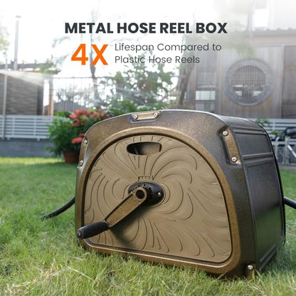 Giraffe Tools SW5 Metal Hose Reel Box, Heavy Duty Garden Hose Storage Reel Hideaway, Crank Handle, 100ft 5/8" Hose, Green - size: 100 ft Capacity