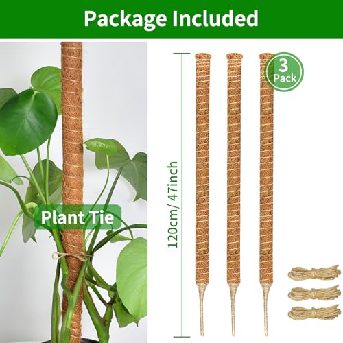 3 Pack 47'' Moss Pole for Monstera, Bendable Coco Coir Plant Support Stakes - size: 3 Pack（47-Inch）
