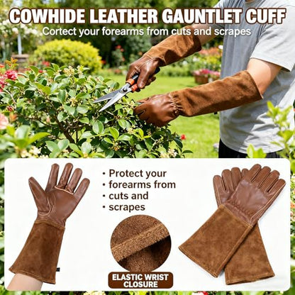 Leather Long Gardening Gloves for Men and Women, Rose Pruning and Cactus Thorn Proof Gloves, Cowhide Yard Work Gloves (Brown Medium) - size: Medium