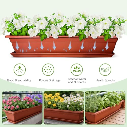 6 Pcs 31 inch Window Box Planter, Large Rectangular Plastic Flower Pot with Tray, Suitable for Indoor & Outdoor Gardens, Balcony and Home Decor (6)