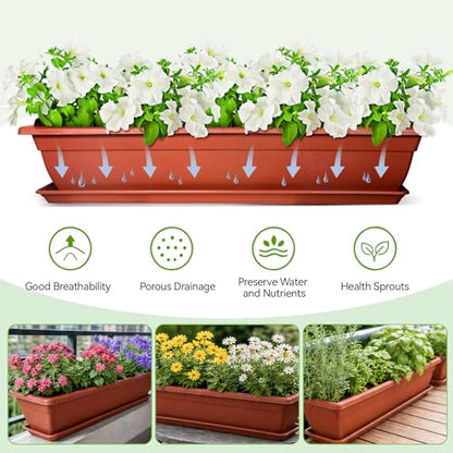 6 Pcs 31 inch Window Box Planter, Large Rectangular Plastic Flower Pot with Tray, Suitable for Indoor & Outdoor Gardens, Balcony and Home Decor (6)