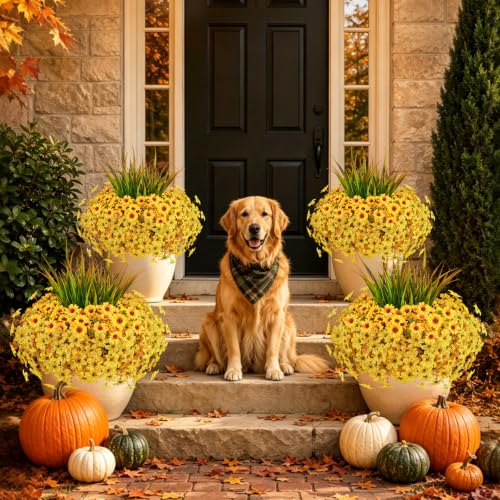18PCS Artificial Fall Flowers Outdoors, UV Resistant Fake Mums with Grass - color: Yellow Daisies & Violets & Grass