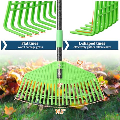 Plastic Leaf Rake with Adjustable 73'' Handle-Lightweight&Anti-Break Nylon Head,16.5'' Wide Yard & Garden Rake for Leaves, Grass, Pine Needles,Gentle On Lawn Garden-Easy to Use for Women,Seniors&Kids