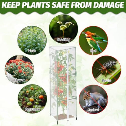 3 Pcs Garden Bird Barrier Tent Plant Cover 63" x 13.8" - Fit Triangular Support (Max 12" D x 67" H) Tomato Cage Net with Zipper & Drawstring Foldable Trellis Cover for Protecting Plant - size: 63" x 13.8"