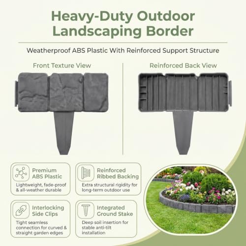 20 Pack Imitation Stone Garden Fence, Landscape Edging, Weatherproof Plastic Border for Flower Beds, Lawn & Walkway